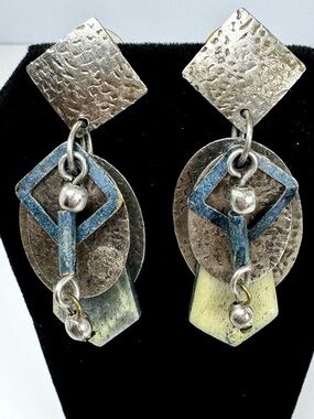 Pair of Artisan Made Mixed Metal Textured Pierced Dangle Earrings #1717